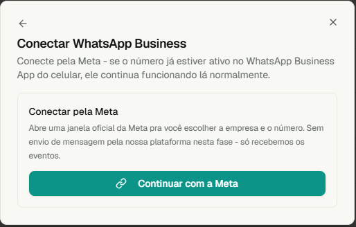 Janela Conectar WhatsApp Business do RastroLead com a opção Conectar pela Meta, que mantém o número funcionando no app do celular.