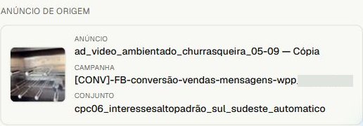 Ficha de um lead no RastroLead mostrando o anúncio, a campanha e o conjunto de origem.